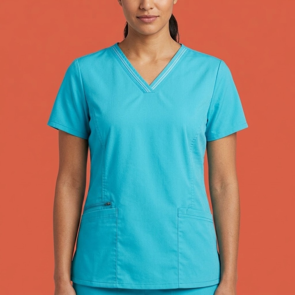 Purple Label Healing Hands Scrub Top Womens Large Blue Pocket EUC